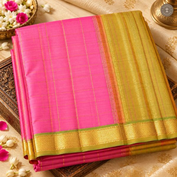 Rose Pink Pure Kanchipuram Silk Saree with Gold Zari Border