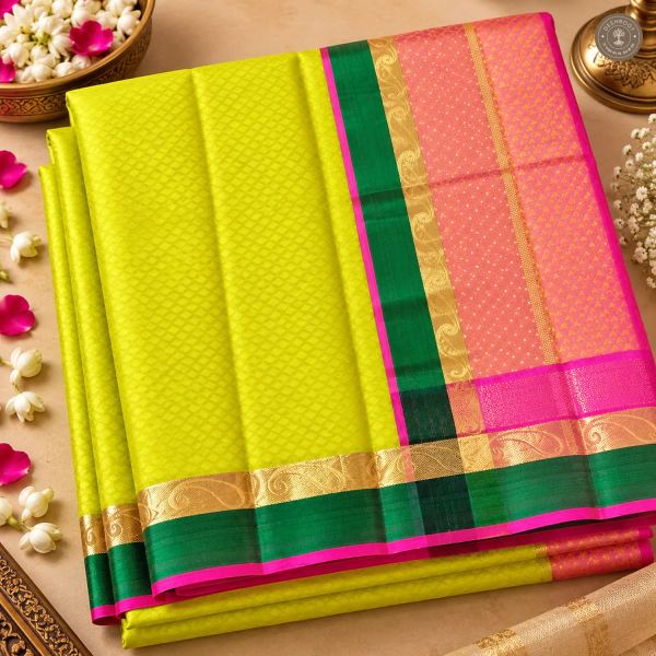 Lime Green Pure Kanchipuram Silk Saree with Zari Paisley Border