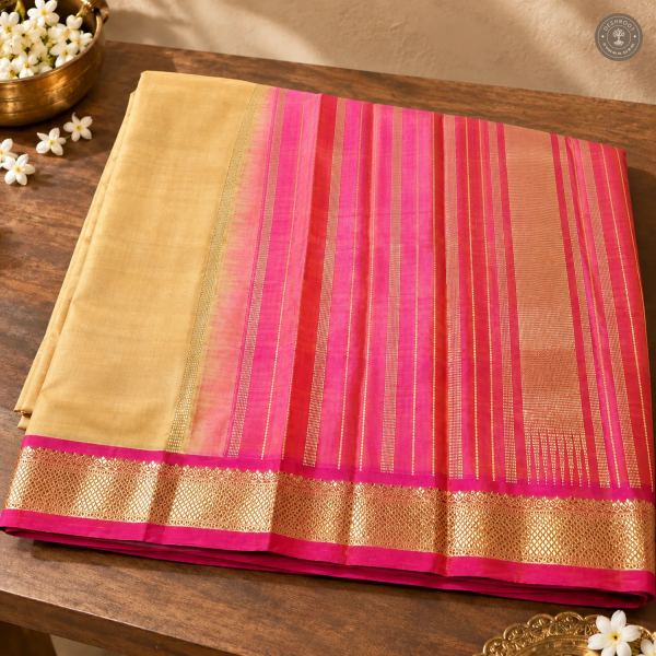 Beige Gold Pure Kanchipuram Silk Saree with Pink Zari Pallu