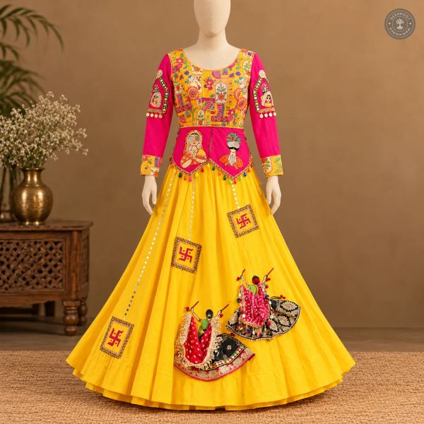 Yellow Cotton Navratri Lehenga Choli with Pink Jacket Blouse