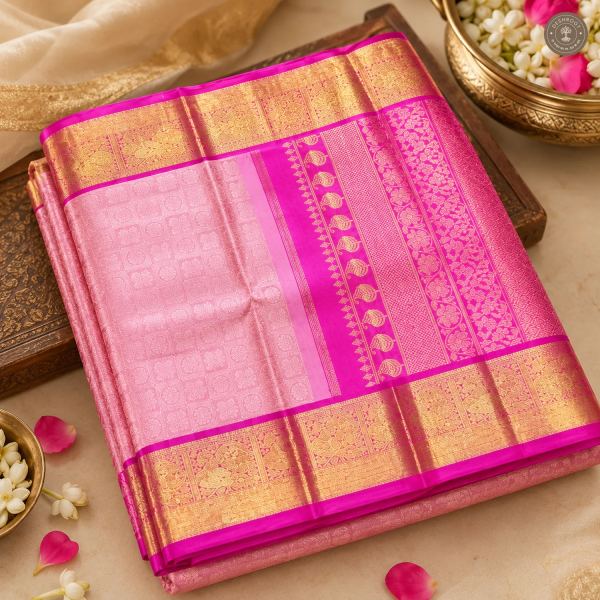 Baby Pink Pure Kanchipuram Silk Saree with Magenta Zari Brocade Border