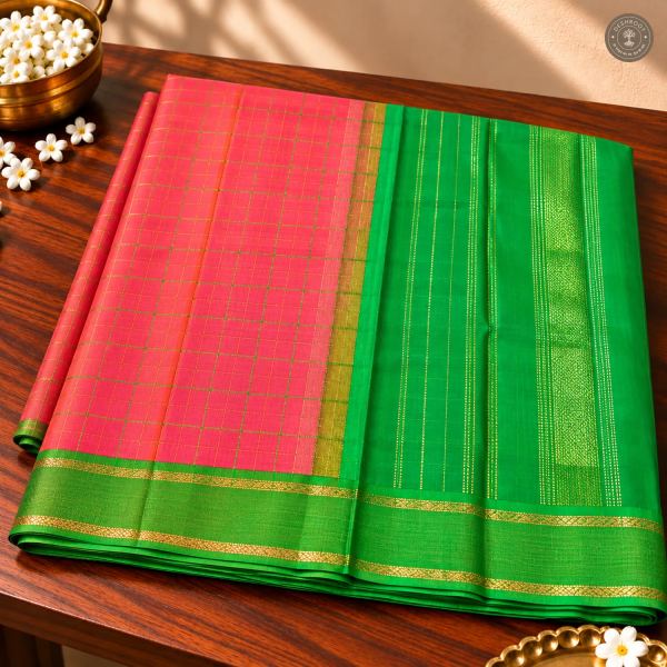 Coral Pink Pure Kanchipuram Silk Saree with Green Zari Pallu