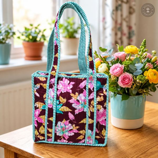 Burgundy Floral Quilted Lunch Box Hand Bag