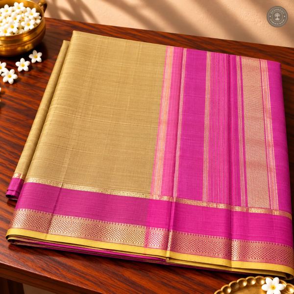 Sand Beige Pure Kanchipuram Silk Saree with Magenta Zari Border