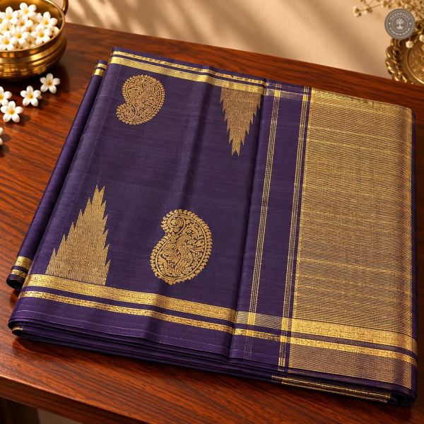 Deep Purple Pure Kanchipuram Silk Saree with Gold Zari Paisley Motifs