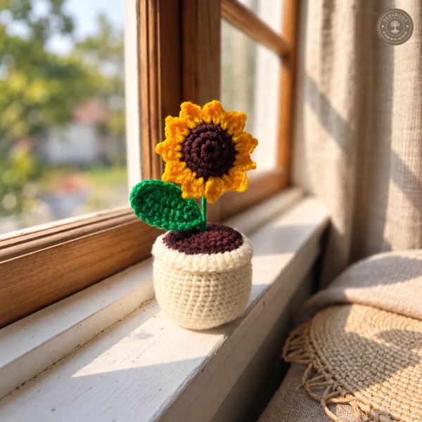 Handmade Crochet Sunflower Pot – 6 Inch Decorative Flower | Premium Home & Office Desk Decor | Unique Handmade Gift for Birthday, Anniversary & Housewarming