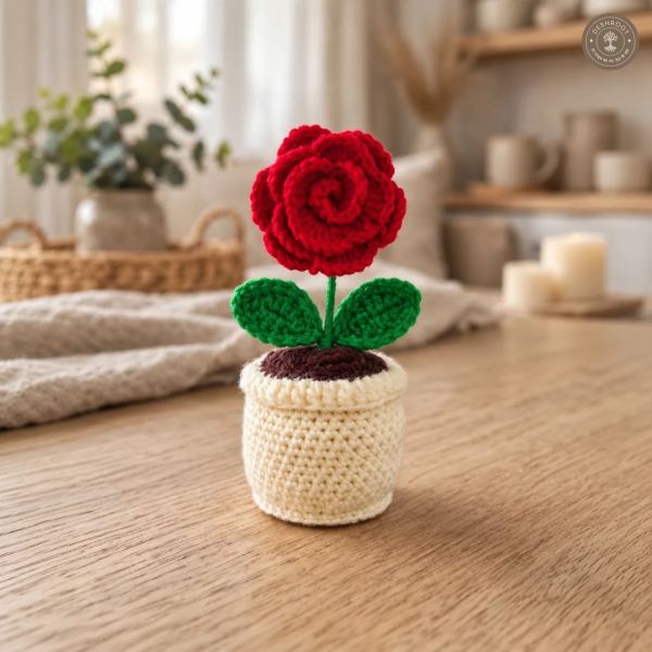Handmade Crochet Rose Flower Pot – 6 Inch Decorative Rose Plant | Premium Home & Office Desk Decor | Unique Gift for Birthday, Anniversary & Mother's Day