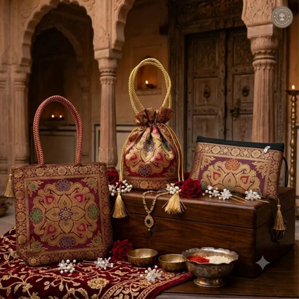 Maroon Potli Bag Set- Potli, Wallet and Handbag