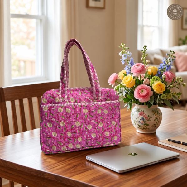 Royal Pink Floral Quilted Laptop Bag – Handcrafted Cotton Laptop Bag