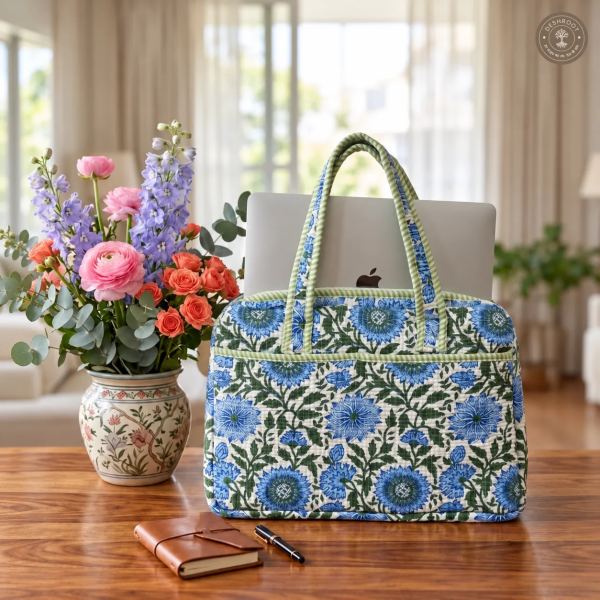 Blue Garden Quilted Laptop Bag – Handcrafted Floral Cotton Laptop Bag