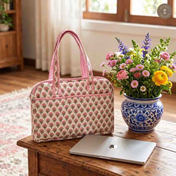 Mini Floral Quilted Laptop Bag – Handcrafted Cotton Laptop Bag