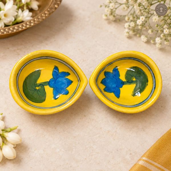 Yellow Lotus Blue Pottery Diya