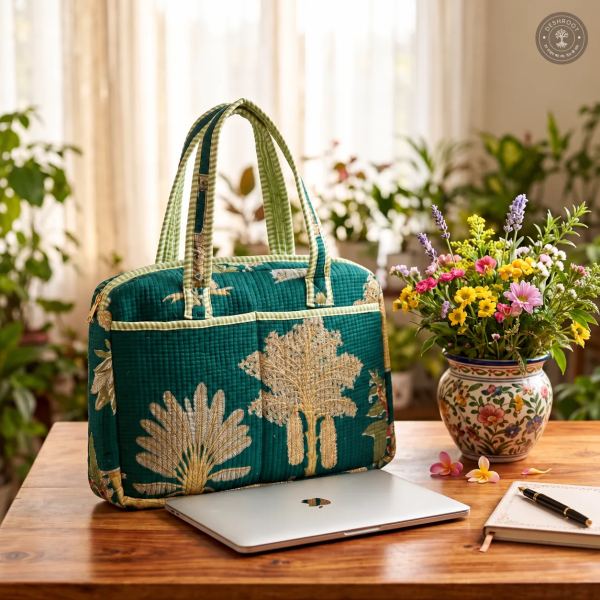 Emerald Botanical Quilted Laptop Bag – Handcrafted Green Floral Cotton Laptop Bag with 12 × 16 Inch Storage & Front Utility Pockets