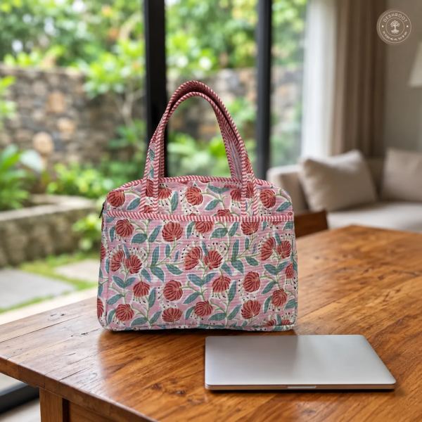 Blush Blossom Quilted Laptop Bag – Handcrafted Floral Cotton Laptop Bag with 12 × 16 Inch Storage, Front Utility Pockets & Lightweight Design