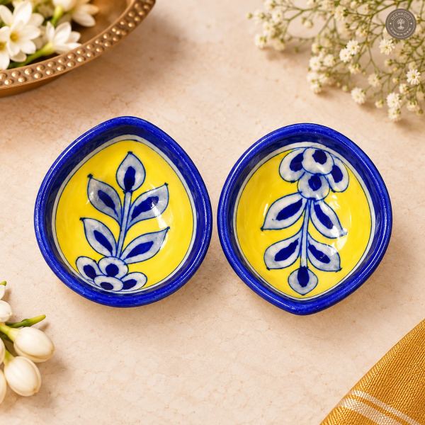 Yellow Floral Blue Pottery Diya