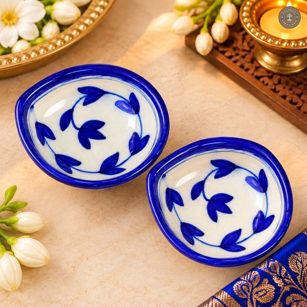 White Leafy Vine Blue Pottery Diya