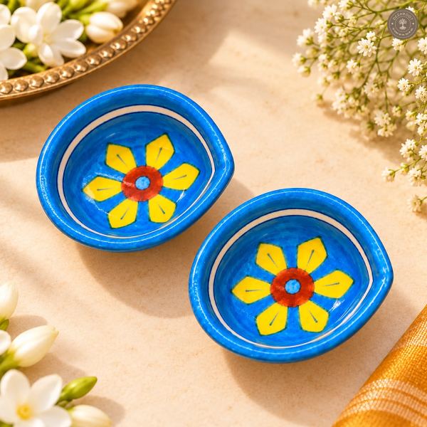 Yellow Petal Blue Pottery Diya