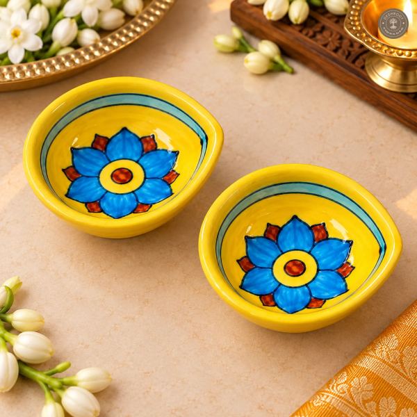 Yellow Bloom Blue Pottery Diya