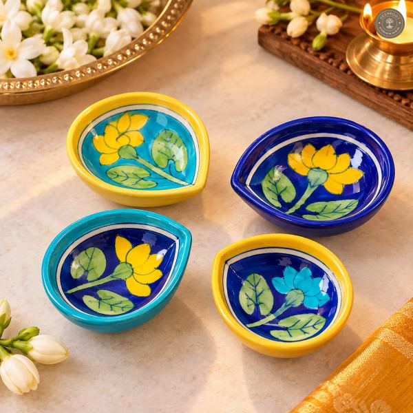 Multicolor Lotus Blue Pottery Diya