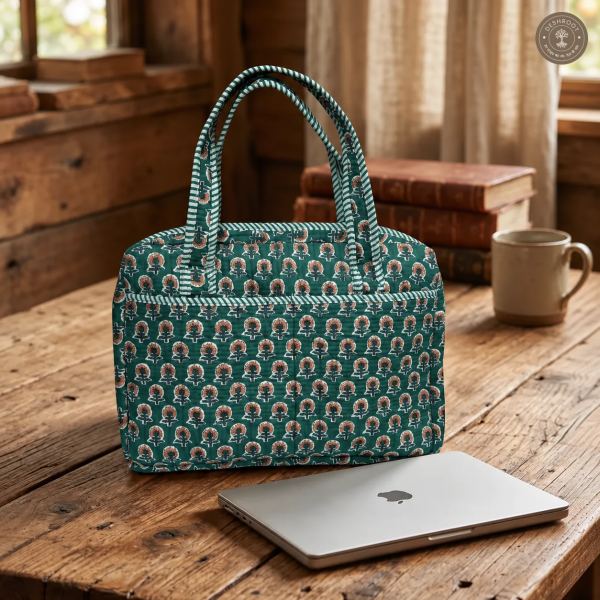 Emerald Block Print Quilted Laptop Bag – Handcrafted Cotton Laptop Bag