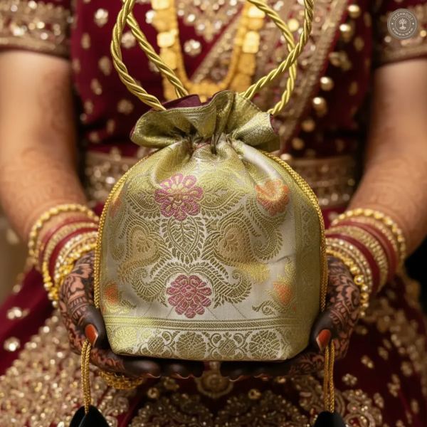 Off White Banarasi Silk Potli Bag
