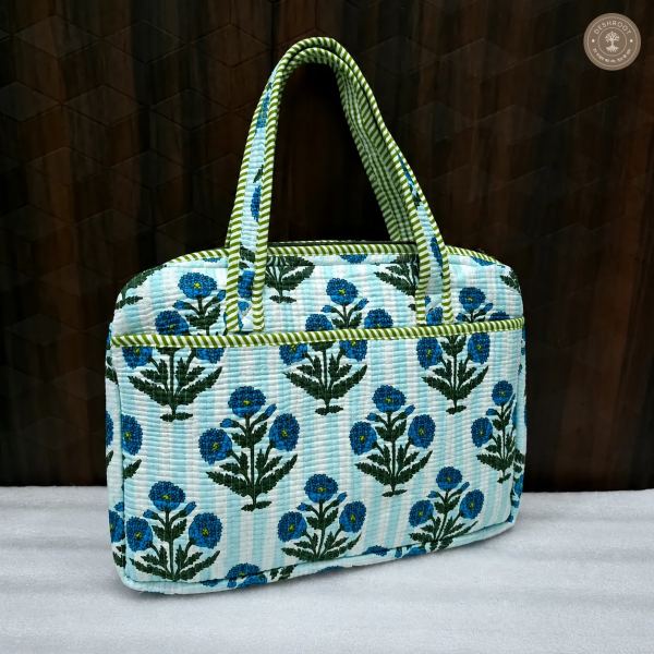 Blue Meadow Quilted Laptop Bag – Handcrafted Floral Cotton Laptop Bag