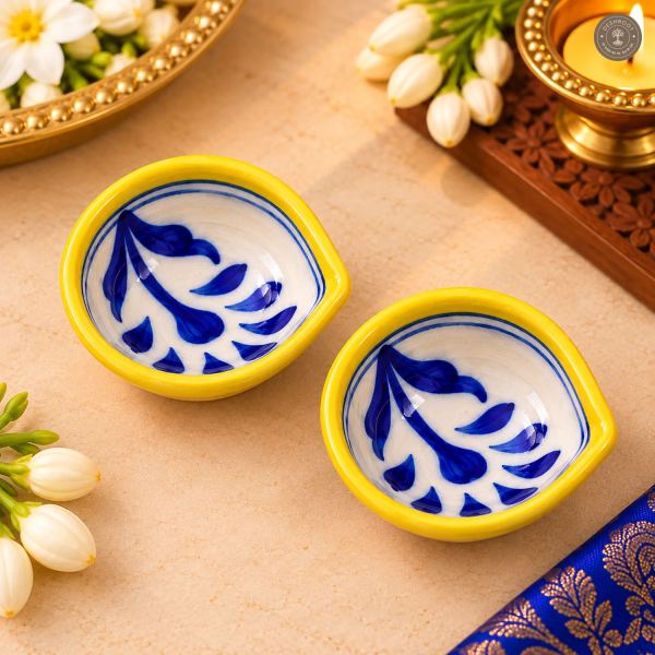Yellow Rim Leaf Blue Pottery Diya