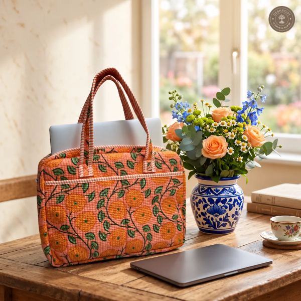 Peach Sunflower Quilted Laptop Bag – Handcrafted Floral Cotton Laptop Bag