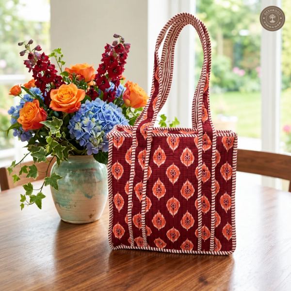 Maroon Ethnic Print Quilted Lunch Bag for Women – Handcrafted Cotton Lunch Box Handbag