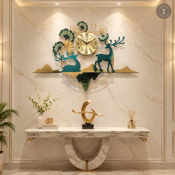 Golden Deer Scenic Metal Wall Clock