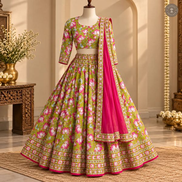 Full Stitched Cotton Lehenga with Ajrakh Lotus Print