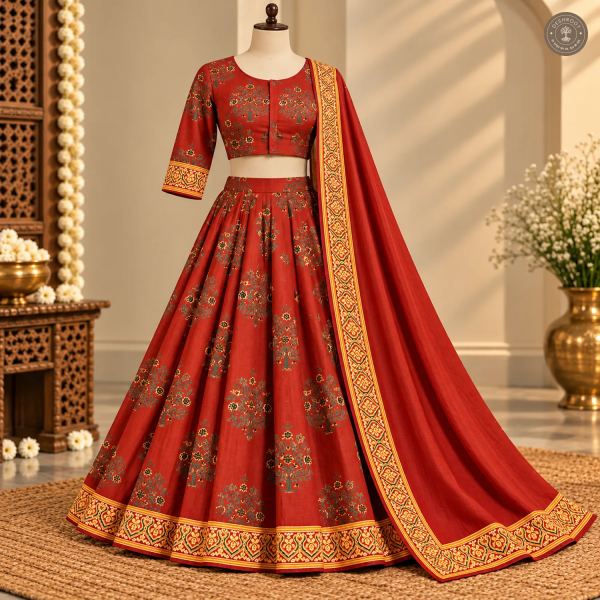 Full Stitched Cotton Lehenga with Ajrakh Print