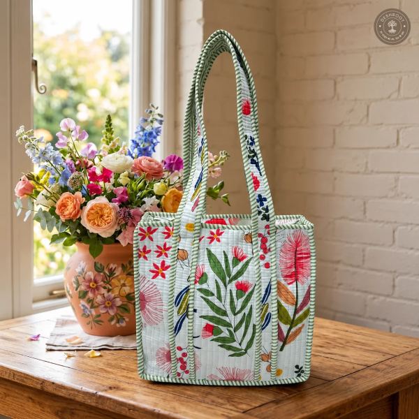 Botanical Garden Quilted Lunch Bag for Women – Handcrafted Floral Cotton Lunch Box Handbag