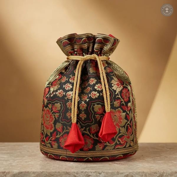 Black Banarasi Silk Brocade Potli Bag For Women