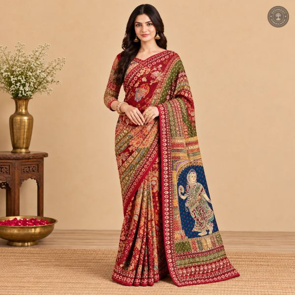 Traditional Printed Chinon Silk Saree