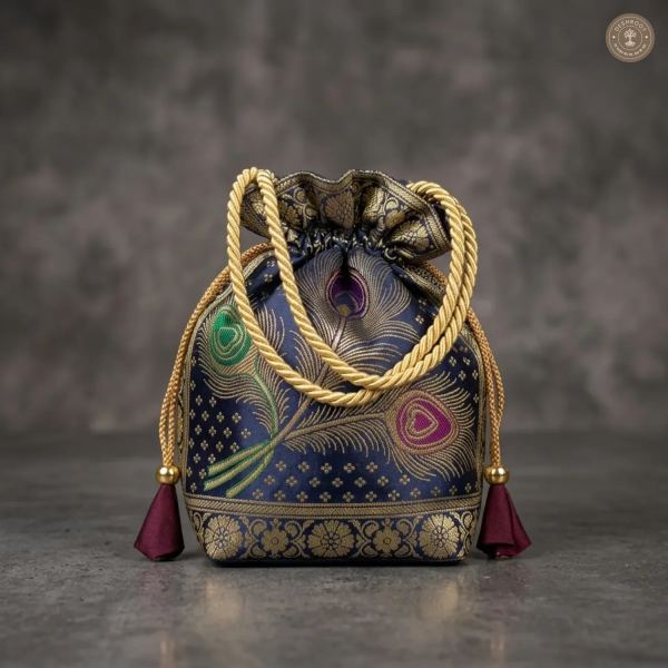 Navy Blue Banarasi Silk Brocade Potli Bag