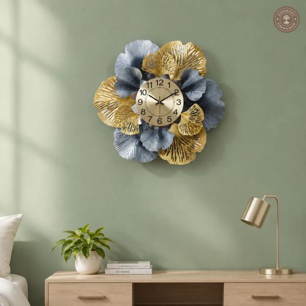 Golden Blue Botanical Leaf Metal Wall Clock