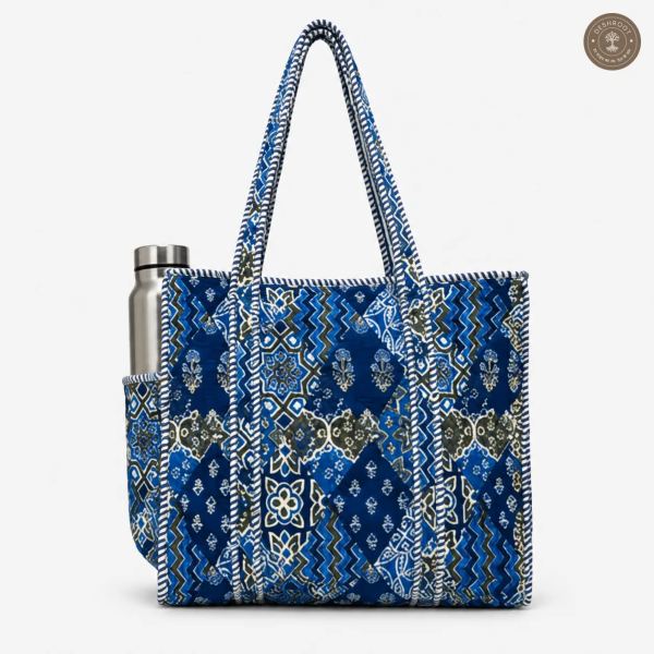 Blue Patchwork Printed Quilted Cotton Shoulder Bag for Women