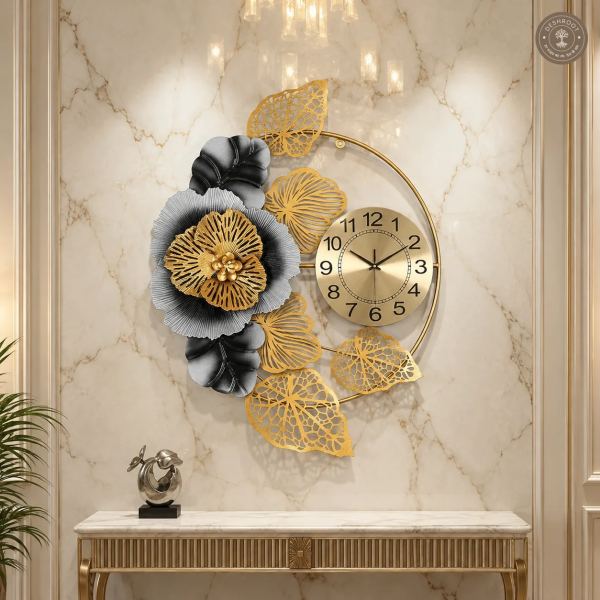 Golden Floral Metal Wall Clock