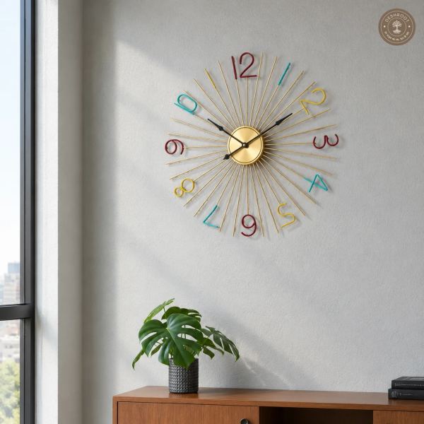 Golden Sunburst Multicolour Artistic Metal Wall Clock