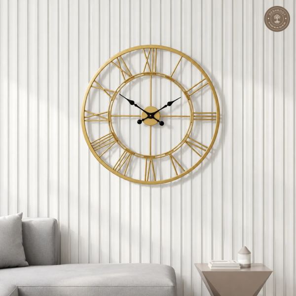 Golden Roman Numeral Open Frame Metal Wall Clock
