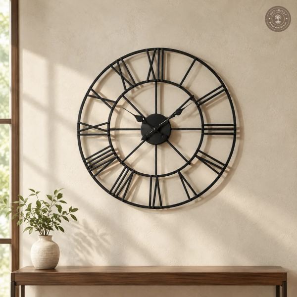 Black Roman Numeral Open Frame Metal Wall Clock