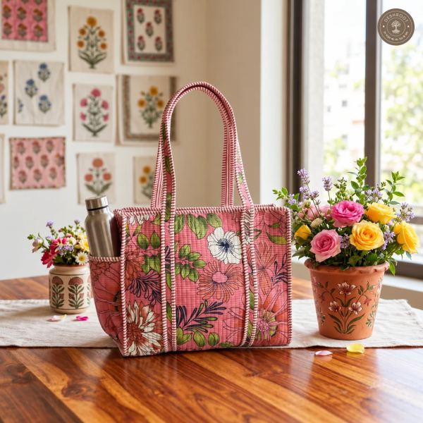 Pink Floral Garden Printed Quilted Cotton Shoulder Bag for Women