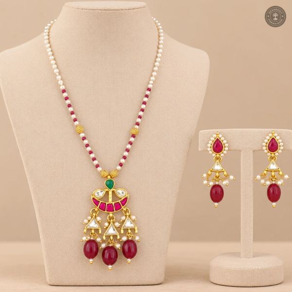 Pachi Kundan Pearl Chain Red Drop Necklace Set