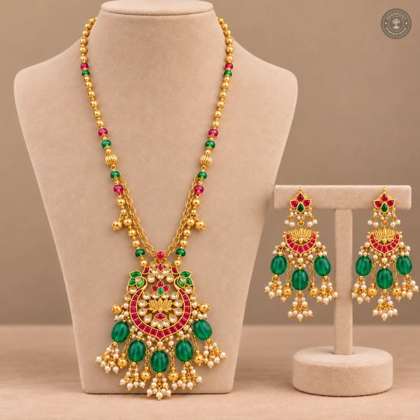 Lotus Pendant Green Drop Kundan Necklace Set