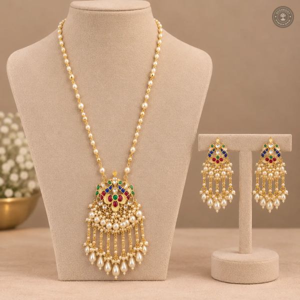 Multicolour Stone Pearl Drop Kundan Necklace Set