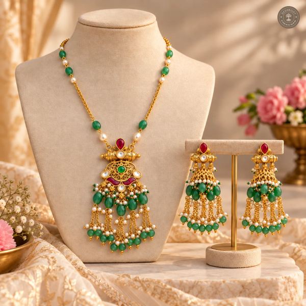 Pachi Kundan Green Bead Tassel Necklace Set