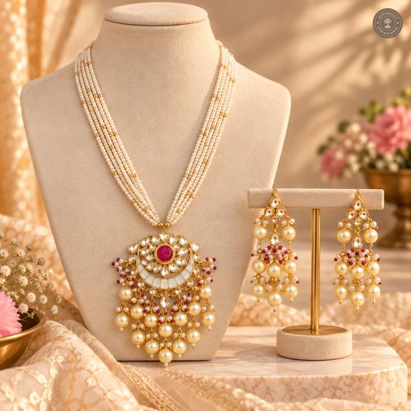 Pachi Kundan Multi-Strand Pearl Crescent Necklace Set