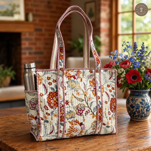 Handcrafted Quilted Floral Cotton Tote Bag with Bottle Pocket