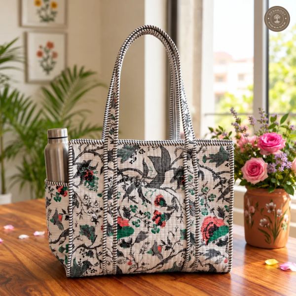 Handcrafted Quilted Botanical Cotton Tote Bag with Bottle Pocket